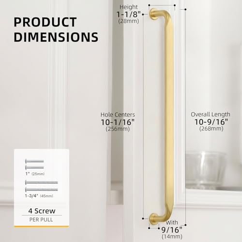 Goldenwarm 10 Pack 10 Inch Brushed Brass Cabinet Pulls Solid Cabinet Handle - color: Brushed Brass, size: 10 Inch Hole Center