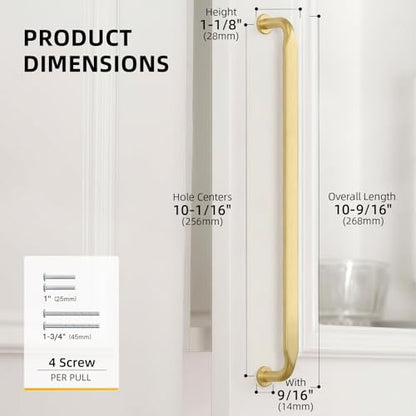 Goldenwarm 10 Pack 10 Inch Brushed Brass Cabinet Pulls Solid Cabinet Handle - color: Brushed Brass, size: 10 Inch Hole Center
