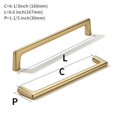 khtumeware 2 Pack Brushed Brass Cabinet Pulls 6.3 Inch(160mm) Hole Centers Satin Gold Kitchen Cabinet Hardware for Cupboard Drawer Handles Dresser Pulls - color: Brushed Brass, size: Cabinet Pulls 6-1/4" Hole Center