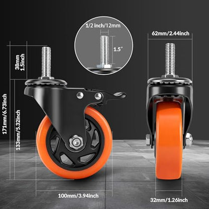 4 Inch Caster Wheels,Threaded Stem Casters Set of 4 Heavy Duty with Brake - size: 4"8pack