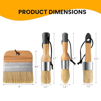 Chalk Paint Brushes Set of 4, Flat and Round, Natural Bristles - size: 1 Flat + 3 Small Round, 4 Pack