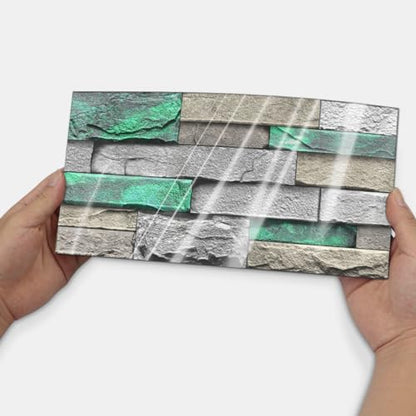 Alwayspon 24Pcs 12x6inch Peel&Stick Wall Sticker Vinly Wallpaper, Waterproof Backsplash for Kitchen Bathroom, Self-Adhesive Tile Transfers Decal Stick on Tiles with Light Green Stone Brick Effect - color: Fg-l16, size: 24 Pcs