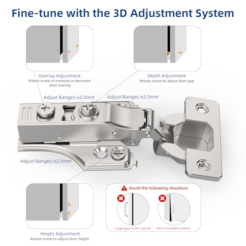 Chibery 20 Pack 3/4" Full Overlay Soft Close Concealed Hinge for Face Frame ＆ Frameless Door, 3D Adjustment, Clip-on Plate, Slow Self Closing Hidden Satin Nickel, 105° Stainless Steel Hinges, 5/8" - size: Full Overlay