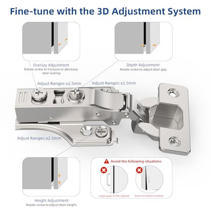 Chibery 20 Pack 3/4" Full Overlay Soft Close Concealed Hinge for Face Frame ＆ Frameless Door, 3D Adjustment, Clip-on Plate, Slow Self Closing Hidden Satin Nickel, 105° Stainless Steel Hinges, 5/8" - size: Full Overlay