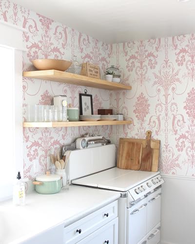 Damask Floral Peel and Stick Wallpaper Boho Pink and White Contact Paper - color: Pink, size: 17.3" x 118"
