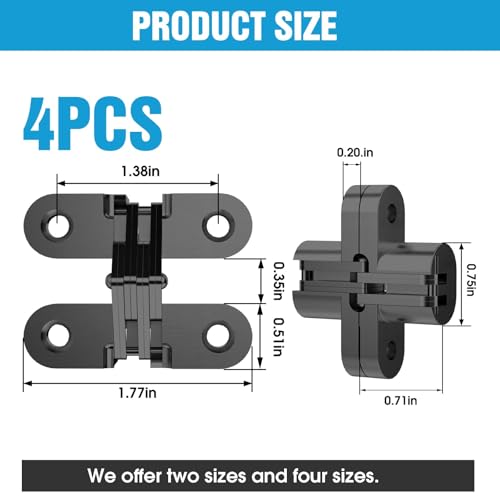 Invisible Cabinet Hinges 180° Black, 4-Pack - color: Black-4PCS, size: A: Door Thick(11/6"~1")