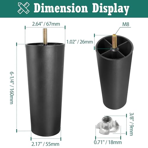 4pcs Plastic Furniture Legs 6-1/4" with T-Nuts, M8-1.25 Bolt - size: 6-1/4 Inch, M8-1.25 Metric Thread Bolts