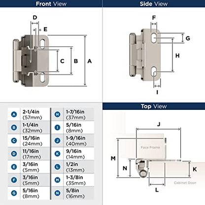 Amerock 1 Pair 1/2" Overlay Satin Nickel Partial Wrap Cabinet Hinge - color: Satin Nickel, size: 1/2 Inch (13 mm) Overlay