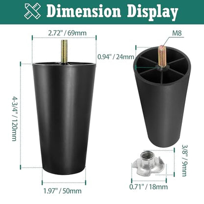 4pcs Plastic Furniture Leg 4-3/4" with T-nut, M8-1.25 Bolt, Widen - size: 4-3/4 Inch Widen, M8-1.25 Metric Thread Bolts