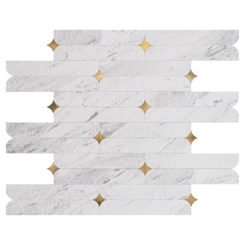 Peel and Stick Backsplash Tiles, 10-Sheet BPA-Free PVC White Mixed Gold Stellate, 12"x12" Waterproof Heat Resistant Geometric Flower Tile for Kitchen Bathroom Fireplace RV - color: White Mixed Gold Stellate