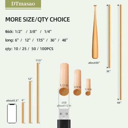 Dtmasao 1/2 x 6 Inch 10 PCS Dowel Rods Wood Sticks Wooden Dowel Rods - Unfinished Bamboo Sticks - for Crafts and DIYers - size: 1/2 x 6 Inch