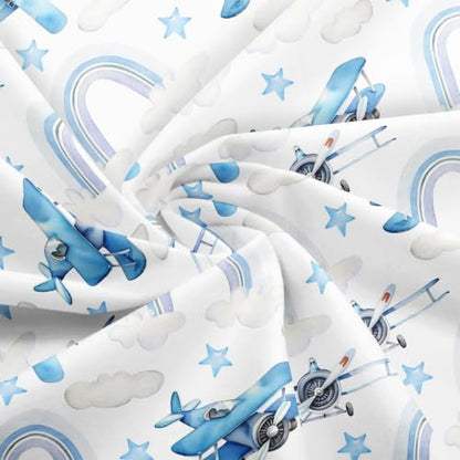 Blue Aircrafts Fabric,Cartoon Airplane DIY Craft,Dreamy Rainbow Stars Cloud Soft Polyester No Stretch for Quilting Sewing Supplies,3 Yards,108" L x 59" W - color: Blue and White, size: 3 Yards