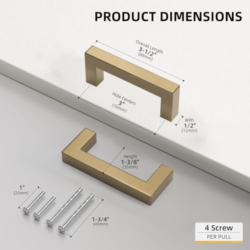 Goldenwarm 30 Pack Champagne Bronze Cabinet Pulls Gold Cabinet Handles 3 Inch Champagne Drawer Pulls Brushed Bronze Cabinet Pulls Handles Kitchen Cabinet Hardware Square Gold Pulls for Cabinet Drawer - size: 3in Hole Centers