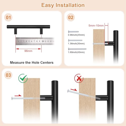 Probrico 30 Pack Hole Centers 3-3/4inch Matte Black Kitchen Cabinet Handles, Stainless Steel Dresser Drawer Pulls, Modern T Bar 6inch Length Pull Handle for Closet - size: Center to Center: 3-3/4 inch
