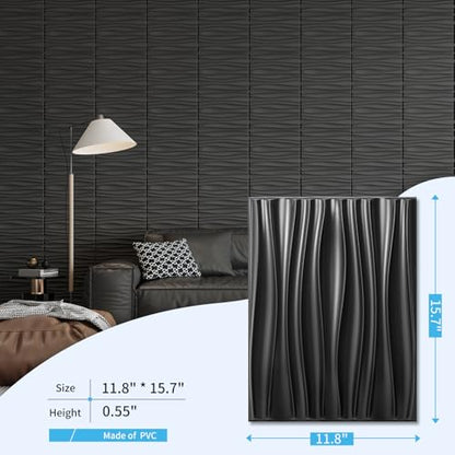 Art3d PVC Wavy Textured 3D Wall Panels, 15.7 x 11.8 Inch, 24-Pack, Black - color: Black