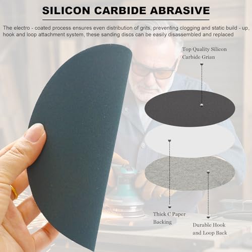 50 PCS 6 Inch Hook and Loop Sanding Discs Assorted- 320 400 600 800 1000 Grit Wet Dry Waterproof Silicon Carbide Sandpaper for Random Orbital Sander, Automotive Wood Metal Polishing & Sanding