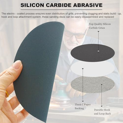 50 PCS 6 Inch Hook and Loop Sanding Discs Assorted- 320 400 600 800 1000 Grit Wet Dry Waterproof Silicon Carbide Sandpaper for Random Orbital Sander, Automotive Wood Metal Polishing & Sanding