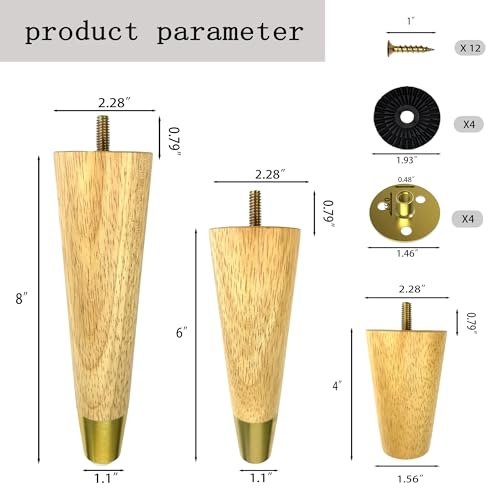 4-Pack 4-Inch Solid Hardwood Furniture Legs, Mid-Century Style with Golden Metal Caps - Natural Color, Perfect for Couches, Dressers, Chairs, and Cabinets - size: 4 inch
