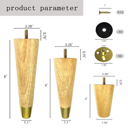 4-Pack 4-Inch Solid Hardwood Furniture Legs, Mid-Century Style with Golden Metal Caps - Natural Color, Perfect for Couches, Dressers, Chairs, and Cabinets - size: 4 inch