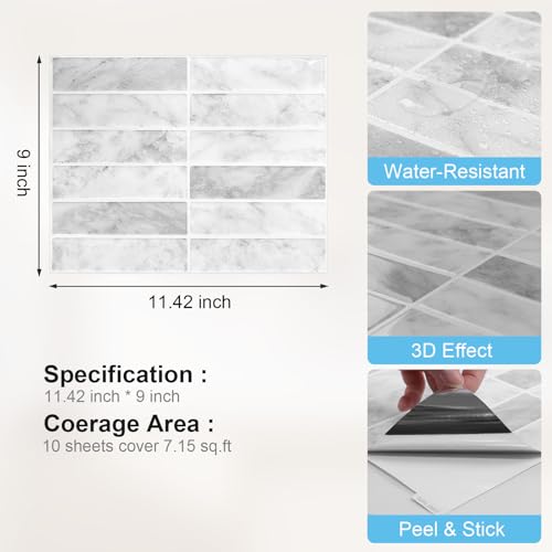 Backsplash Tile Peel and Stick, 11.42'' x 9'', Marble - color: Marble