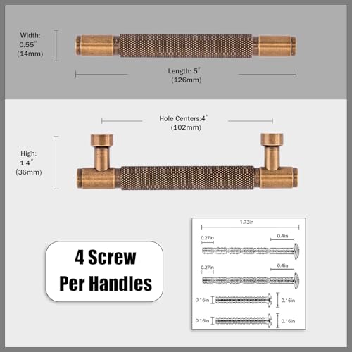 10 Pack Antique Brass Knurled Cabinet Pulls 4 Inch(102mm) Kitchen Cabinet Handles Cabinet Hardware Drawer Pulls - color: Antique Brass, size: 4" Hole Center
