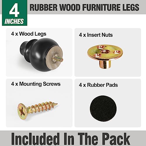 FoDau770 Rubber Wood Furniture Legs 4 Inch, Black Couch Legs, 4pcs - color: Black, size: 4 Inch