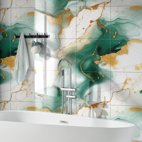 Chejiaye 22pcs Marble Peel and Stick Backsplash Waterproof Washroom Wall Panels, Peel and Stick Tile, PVC Foam Wall Panels for Kitchen,Bathroom,Living Room,Green and Gold(Not Real Tile,11.8" x 11.8") - color: Green and Gold, size: 11.8" x 11.8" x 22Pack