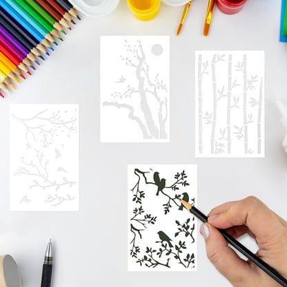 Keluna Tree Texture Stencils Painting, 12 Pcs Tree Branches Stencils for Painting on Wood Wall, Mixed Designs Tree Branch Bird Stencils for Painting on Rock Canvas Wood Wall Floor Home Decor - style: tree