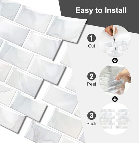 10 Sheets Thicker Design Peel and Stick Backsplash, 12"x12" Peel and Stick Wall Tiles, Subway Look Marble Tiles Backsplash for Kitchen and Bathroom, Light Gray Veins - color: Light Gray Veins