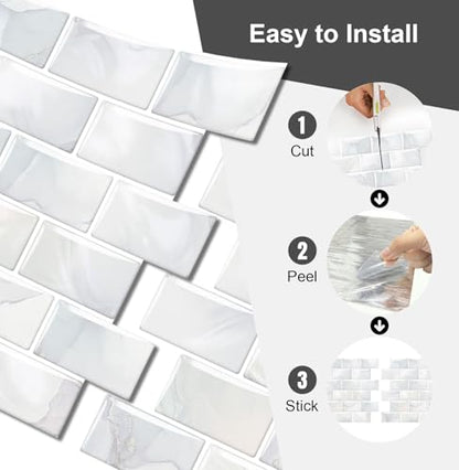 10 Sheets Thicker Design Peel and Stick Backsplash, 12"x12" Peel and Stick Wall Tiles, Subway Look Marble Tiles Backsplash for Kitchen and Bathroom, Light Gray Veins - color: Light Gray Veins