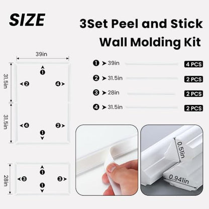 3 Sets Framed Premade Peel and Stick Wall Molding Kit – Pre-Cut Wainscoting Panels Set, Self-Adhesive Installation for Living Room, Bedroom Accent Wall Decor（63 * 39IN-39 * 28IN） - size: 63 * 39IN-39 * 28IN