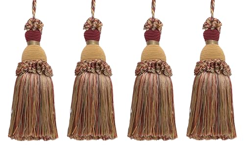 DÉCOPRO Beautiful Hand-Crafted 5" (12.5cm) Key Tassel, 3 1/2" (8.5cm) Loop # IKTJ, Cherry Grove Beige #4770 (Golden Beige, Rust Red, Olive Green) Set of 4 - color: Cherry Grove Beige #4770 (Golden Beige, Rust Red, Olive Green), size: Set of 4