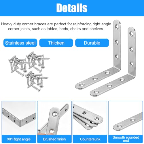 20 Pcs L Bracket Corner Braces 4 Inch Stainless Steel L Bracket Heavy Duty Shelf Bracket for Wood Shelves, Wall Hanging Support 90 Degree Joint Right Angle Brackets with Screws