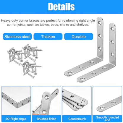 20 Pcs L Bracket Corner Braces 4 Inch Stainless Steel L Bracket Heavy Duty Shelf Bracket for Wood Shelves, Wall Hanging Support 90 Degree Joint Right Angle Brackets with Screws