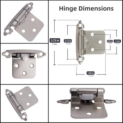 Decobasics 25 Pairs (50pcs) Self Closing Variable Overlay Flush Cabinet Hinge - Satin Nickel - color: As the picture shown, size: 1/2"