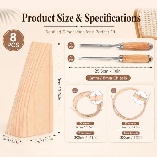 Reaeng Rattan Repair Kit for Chair Caning, Complete Furniture Restoration Kit with 15.7 x 39.4 Inch Cane Webbing Roll, Spline, 2 Caning Chisels and 8 Wooden Wedges - color: White