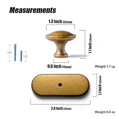 6Pack Antique Brass Cabinet Knob with Backplate Round Drawer Knob - color: Antique Brass, style: Ribbed