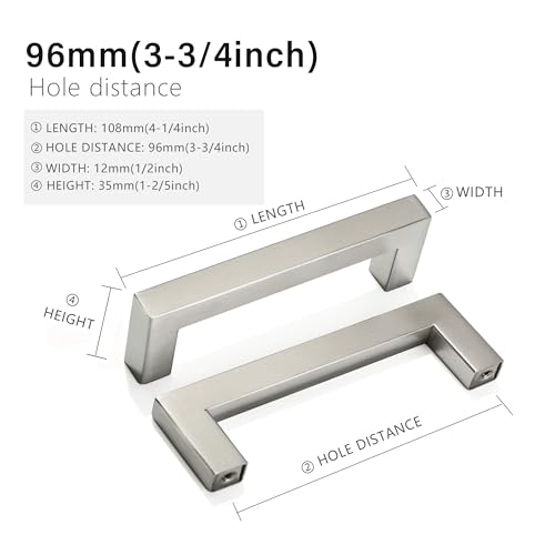 Cabinet Pulls Brushed Nickel Cabinet Handles Square Drawer Pulls, 30 Pack 3-3/4 Inch Stainless Steel Kitchen Door Cupboard Cabinet Handles, Cabinet Hardware Drawer Handles, 96mm Hole Centers - color: Brushed Nickel, size: Two Hole - 3-3/4 inch Hole Center
