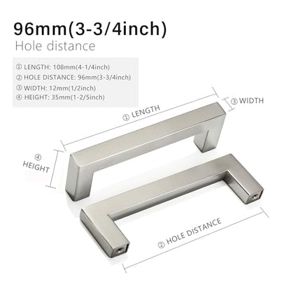 Cabinet Pulls Brushed Nickel Cabinet Handles Square Drawer Pulls, 30 Pack 3-3/4 Inch Stainless Steel Kitchen Door Cupboard Cabinet Handles, Cabinet Hardware Drawer Handles, 96mm Hole Centers - color: Brushed Nickel, size: Two Hole - 3-3/4 inch Hole Center