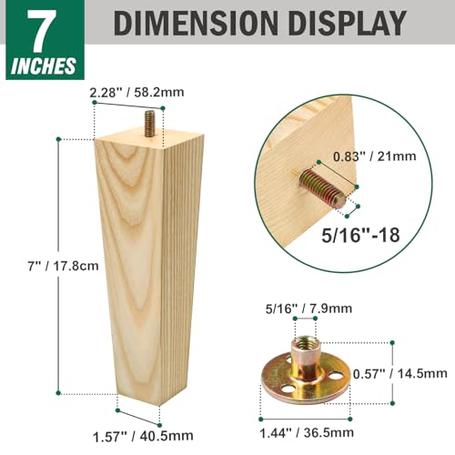 FoDau770 Square Furniture Legs 7 Inch, Ash Wood Legs with 5/16"-18 Bolts - size: 7 Inch