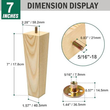 FoDau770 Square Furniture Legs 7 Inch, Ash Wood Legs with 5/16"-18 Bolts - size: 7 Inch