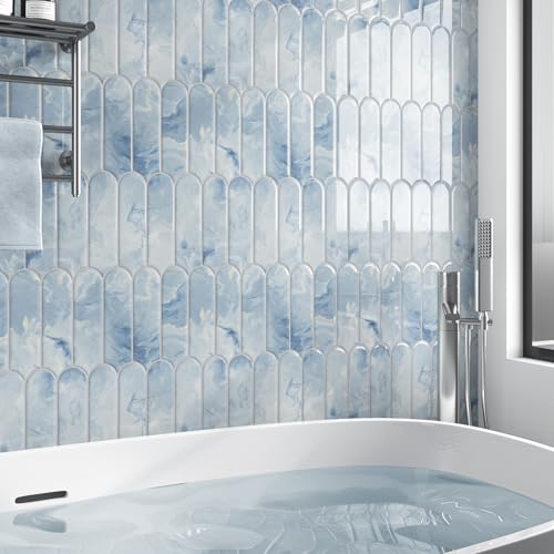 VEELIKE 6 Sheets Blue Kitchen Backsplash Tiles Peel and Stick Fish Scale Stick on Back Splash Tiles for Kitchen Bathroom Waterproof Blue Marble Tile Self Adhesive Backsplash Tile Stickers 12''x12'' - color: Blue, size: Box of 6 Tiles