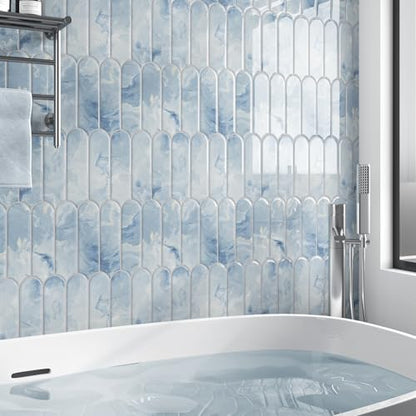 VEELIKE 6 Sheets Blue Kitchen Backsplash Tiles Peel and Stick Fish Scale Stick on Back Splash Tiles for Kitchen Bathroom Waterproof Blue Marble Tile Self Adhesive Backsplash Tile Stickers 12''x12'' - color: Blue, size: Box of 6 Tiles