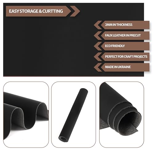 Shkira 12''X24'' Faux Leather Fabric Sheet for Crafts - Black 1.6-1.8 MM Thick - Thick Durable Synthetic Upholstery Fake Leather Vinyl Sheet for Arts and Crafts