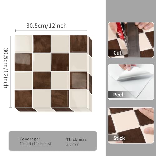 10 Sheets Upgraded Thicker Design Tile Peel and Stick Backsplash - color: Brown