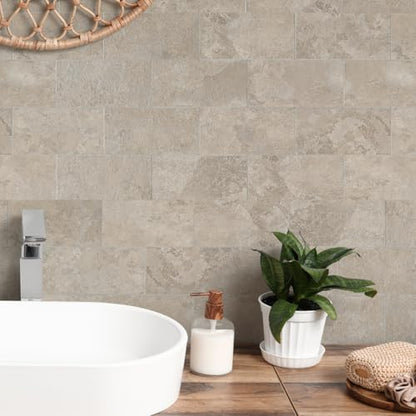10 Sheet Stone Beige Peel and Stick Backsplash, 11.8'’x 11.8'' Luxury Ceramic Look Self Stick Subway Tiles, Waterproof Peel and Stick Wall Tiles for Kitchen and Bathrrom - color: Stone Beige