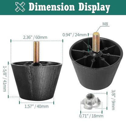 4pcs Plastic Furniture Legs 1.5" with T-Nuts, M8-1.25 Bolt, Widen - size: 1-1/2 Inch Widen, M8-1.25 Metric Thread Bolts