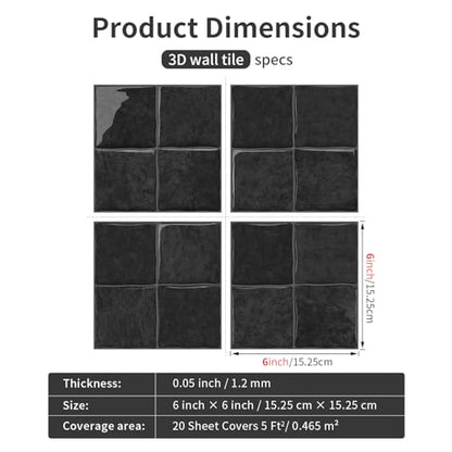 VICCI 3D Peel and Stick Backsplash, 20-Sheet 6" x 6" - color: Black