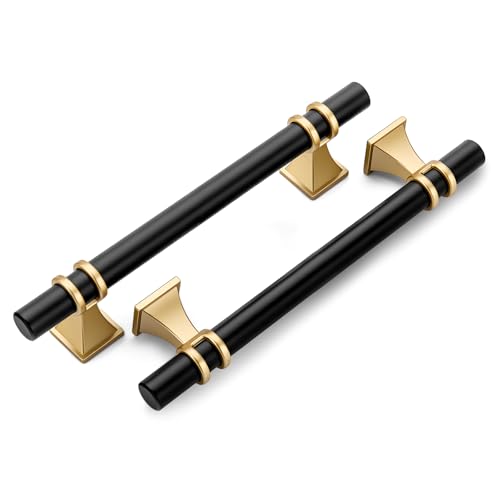 homdiy 10 Pack 6-1/4 Inch Black & Gold Cabinet Handles - Modern Cabinet Pulls for Kitchen Cabinets, Dresser Drawers & Wardrobe Hardware, Durable Zinc Alloy with Matte Finish (3" Hole Centers - color: Black&Gold, size: 6-1/4in(160mm) hole centers