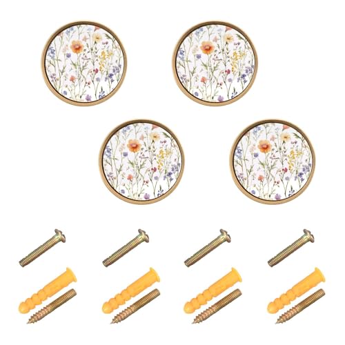 4 Pack Wildflower Watercolor Cabinet Knobs Round 1-1/4 Inch (32 mm) Dresser Drawer Pulls Kitchen Cabinet Hardware Handles Knobs for Dresser Kitchen Drawer - color: C12